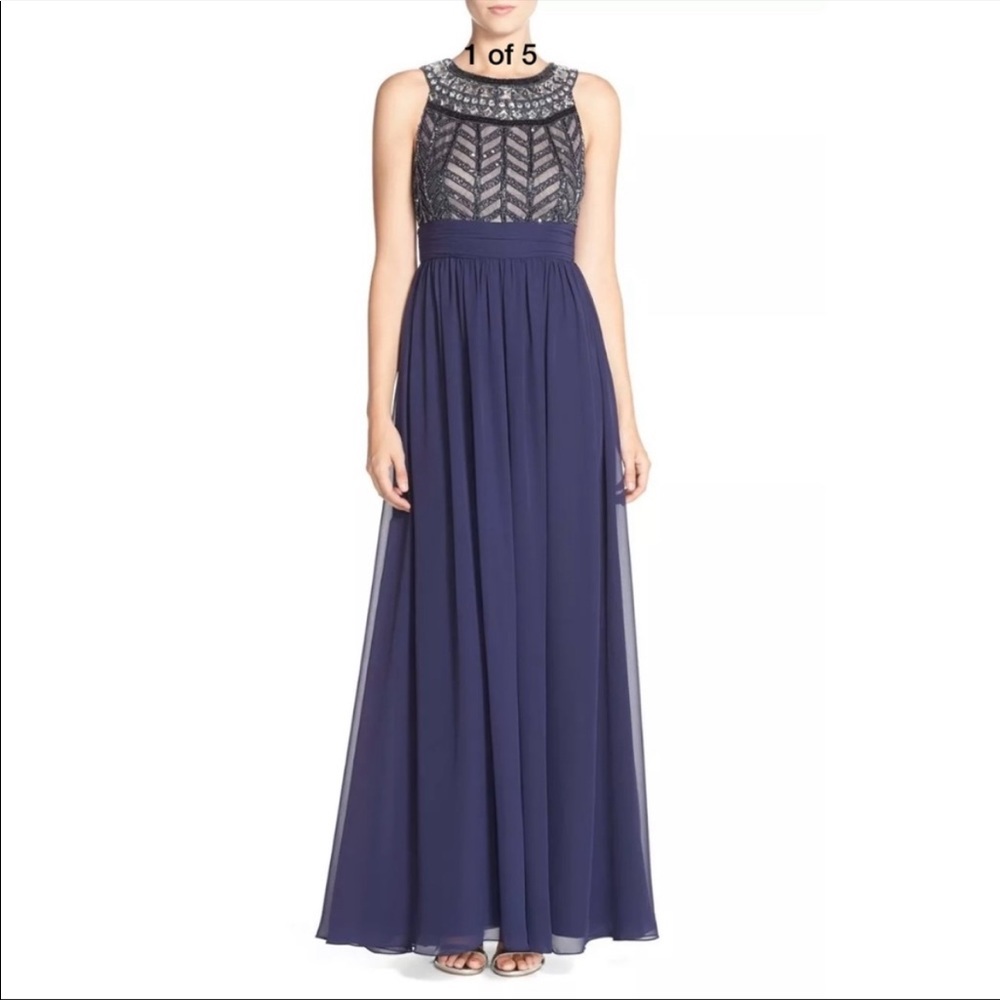 J S Collections Embellished Chiffon Gown Navy Blue size 2